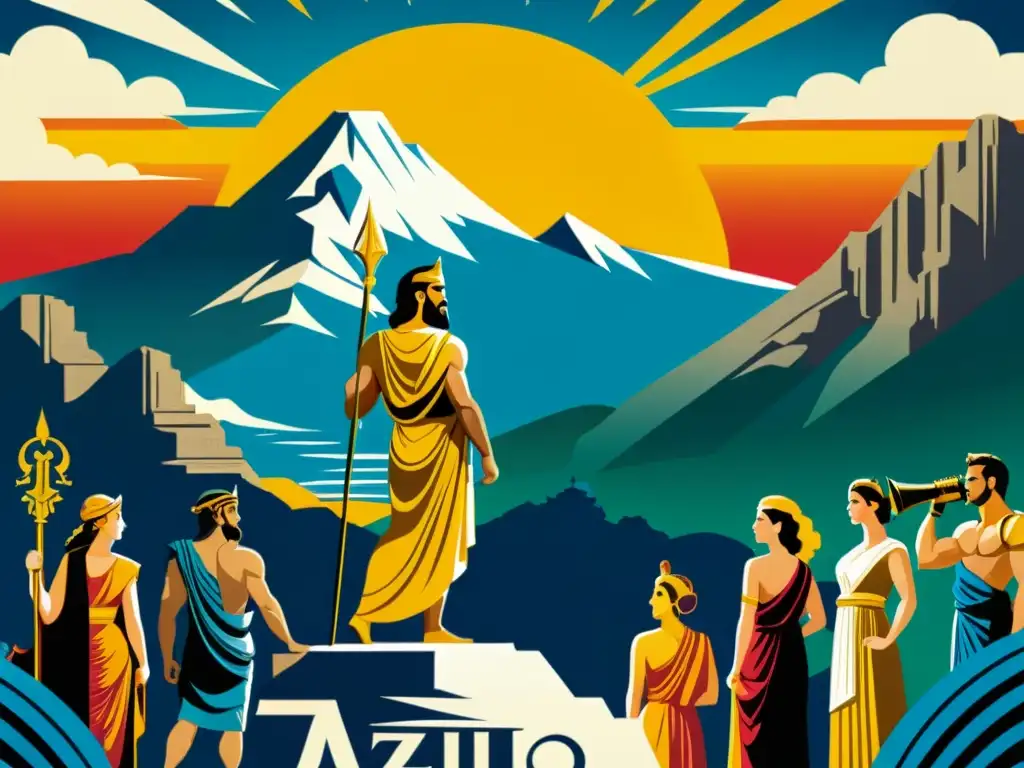 Póster épico de dioses y diosas en el Monte Olimpo Detallado póster vintage de deidades griegas y romanas en escenario épico