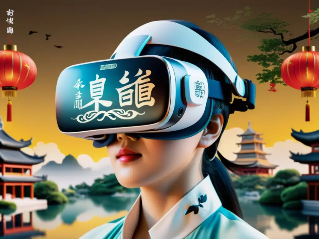 Un detallado visor de realidad virtual con caligrafía china proyectada, fusionando arte tradicional con tecnología moderna en un jardín sereno