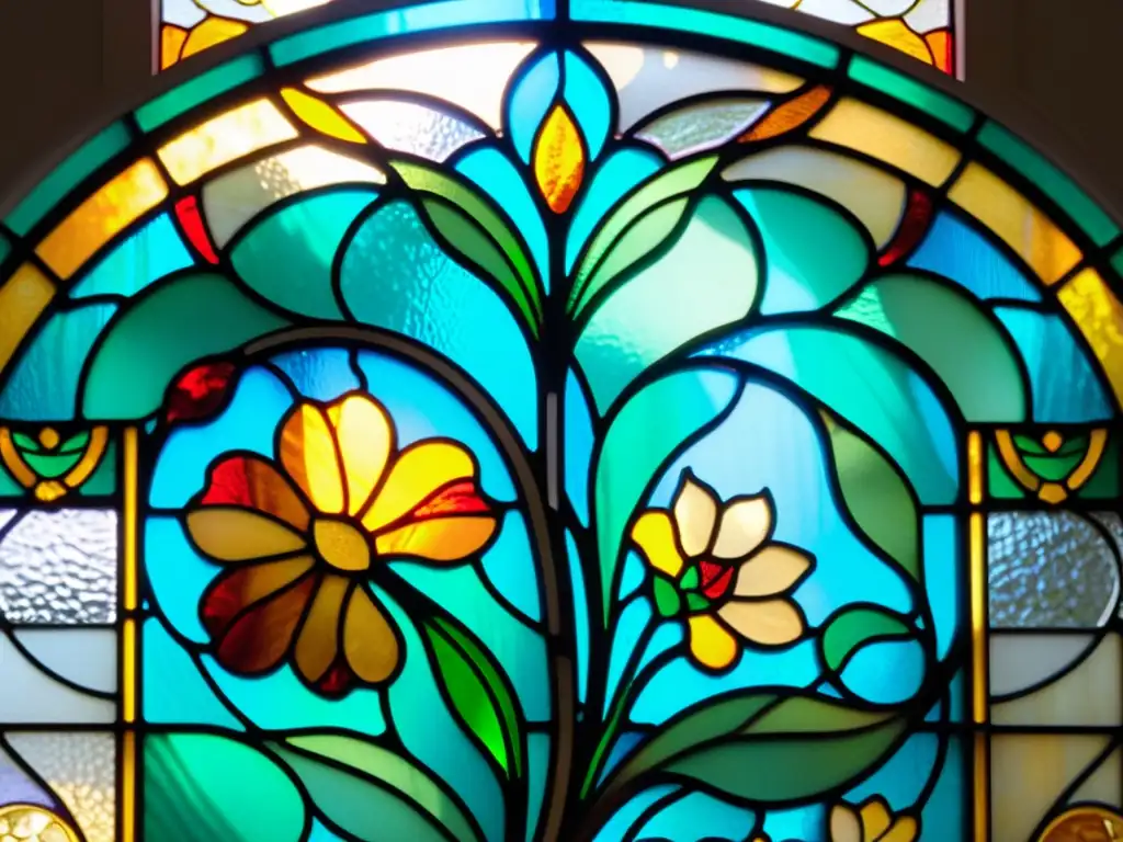 Detallado vitral Art Nouveau con motivos florales en colores vibrantes, crea un juego de luces y sombras