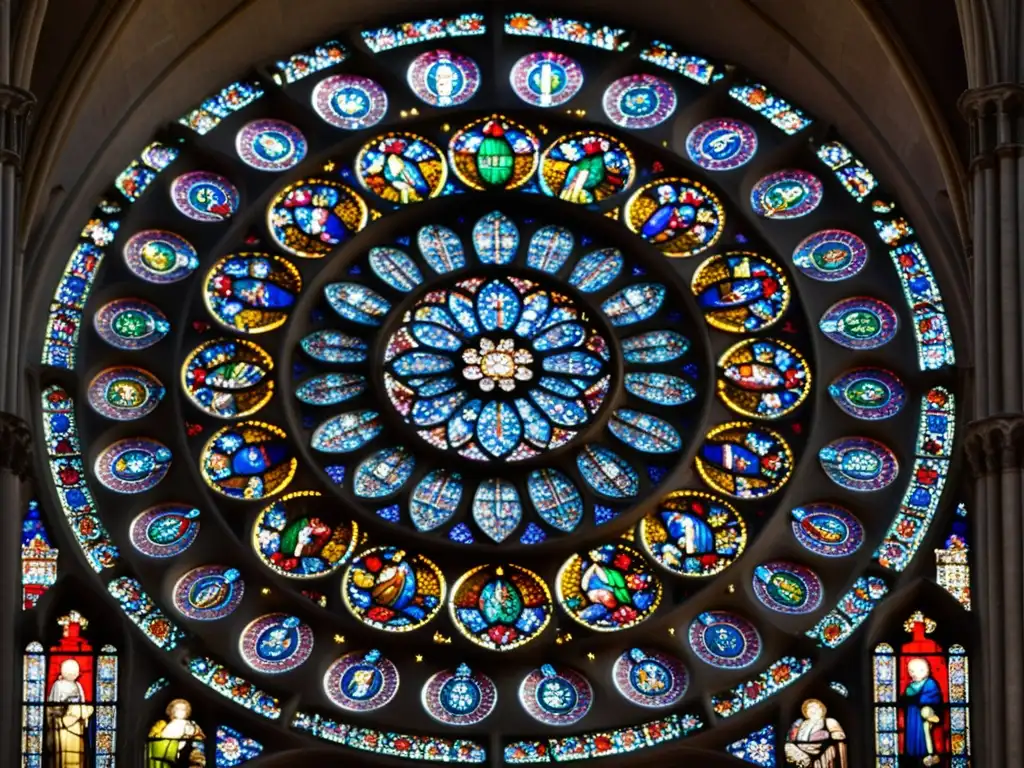 Ventana rosa de la Catedral de Chartres: luz y color Detallado vitral artístico en la Catedral de Chartres, Francia, con juegos de color y luz que transportan a la Europa histórica