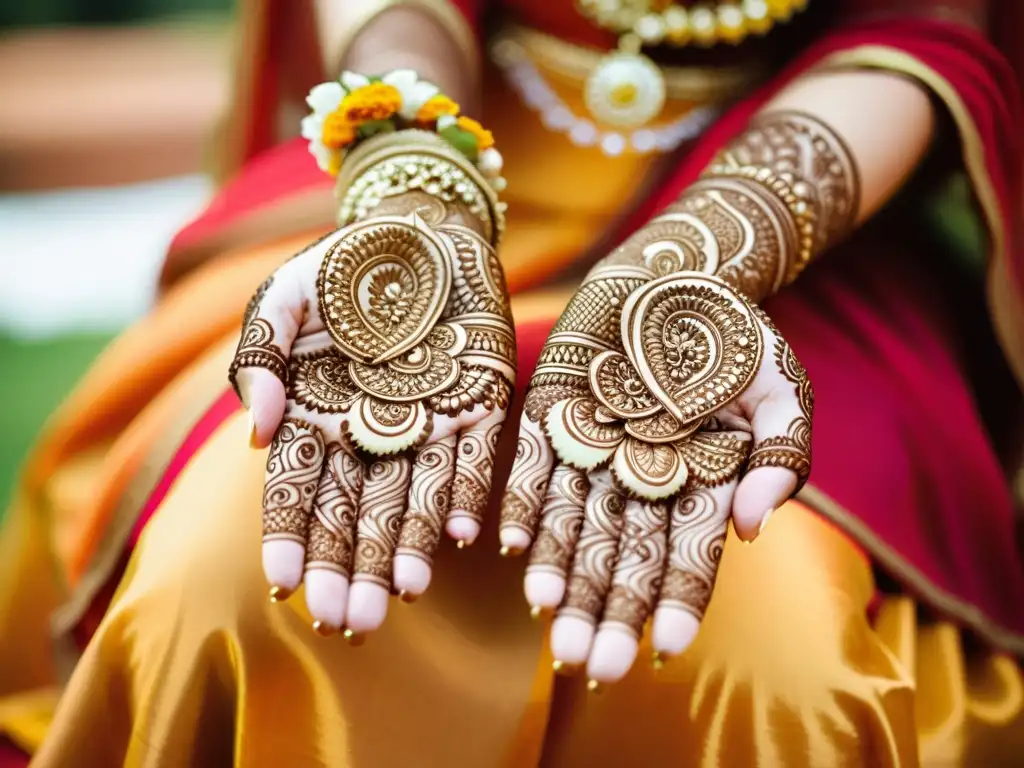 Detallados patrones de arte de henna cultural decorando las manos de una novia en celebración tradicional