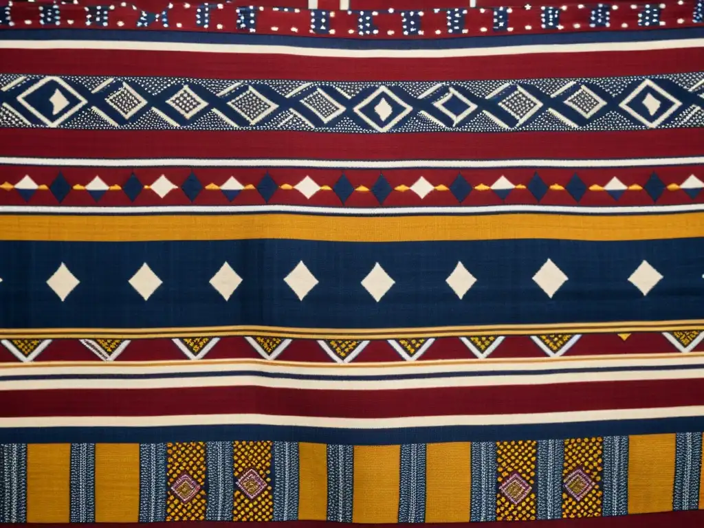 Detalle de tejido africano artesanal con patrones artísticos de África en tonos terrosos y símbolos tradicionales, evocando historia y maestría