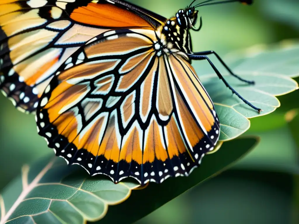 Detalle de ala de mariposa monarca con patrones artísticos inspirados en la naturaleza y colores vibrantes bajo la luz del sol