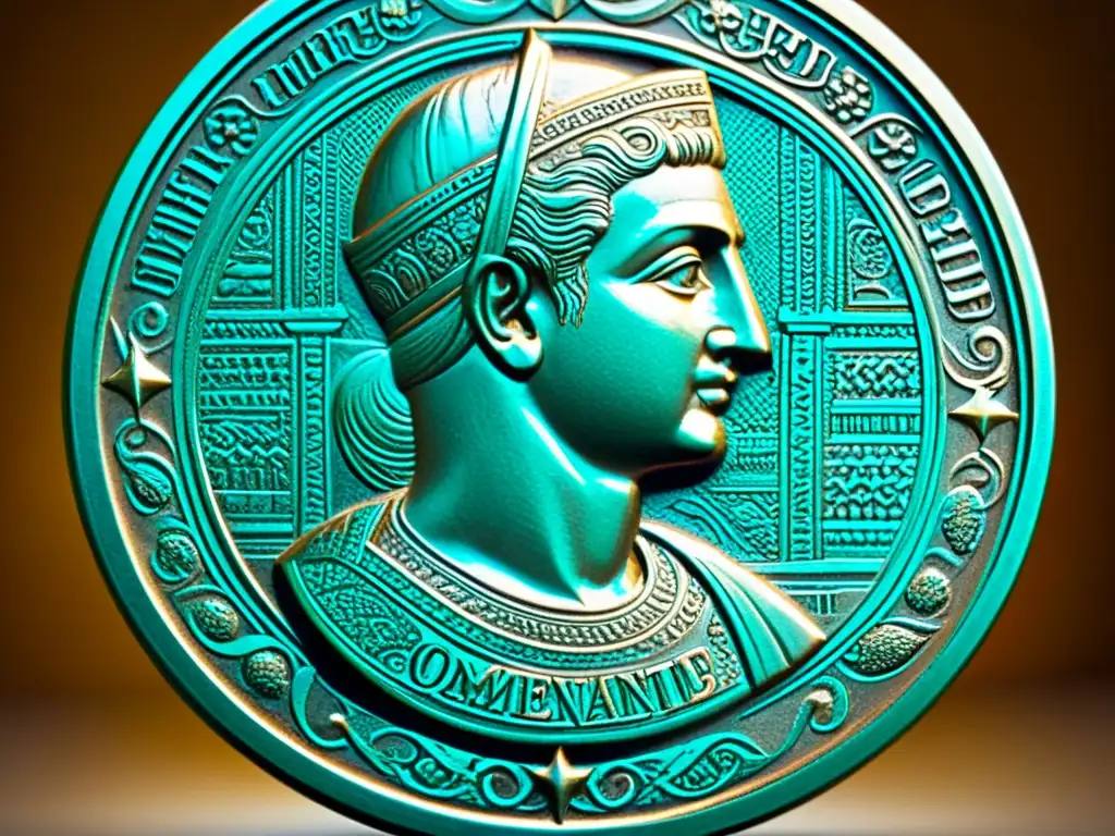 Medalla antigua: Detalles fascinantes Detalle en alta resolución de una antigua medalla con patrones intrincados y grabados detallados de figuras históricas, símbolos y motivos decorativos