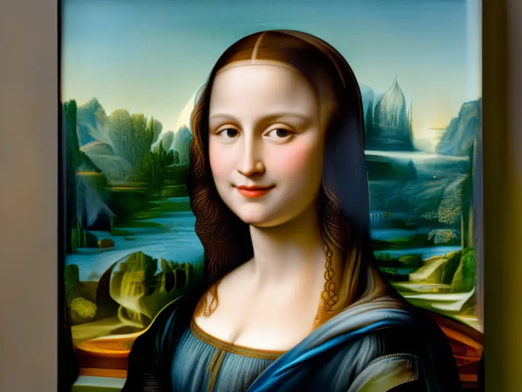 Detalle en alta resolución de la enigmática sonrisa de la Mona Lisa de Leonardo da Vinci, con patrones en retratos renacentistas