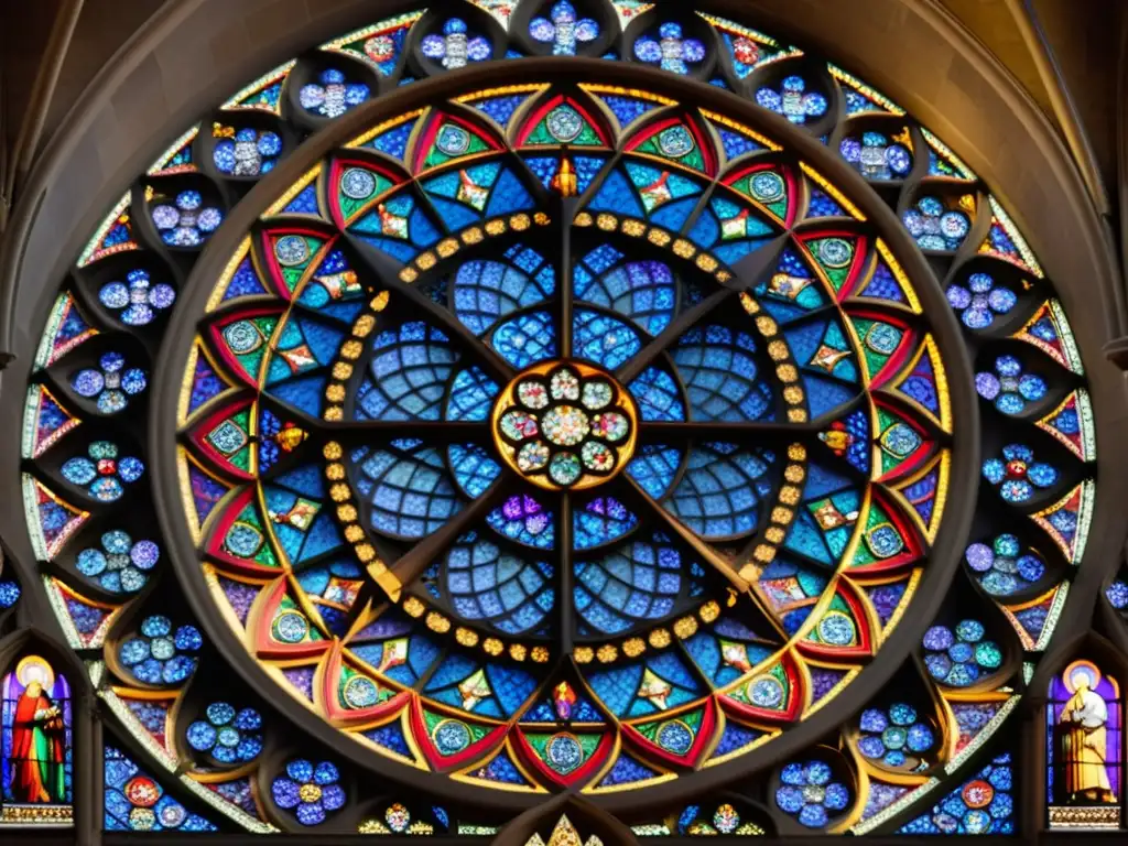 Detalle en alta resolución de la hermosa ventana rosetón de la Catedral de NotreDame, exhibiendo los vibrantes patrones geométricos del arte gótico