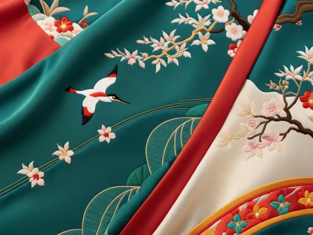 Detalle en alta resolución de un hermoso kimono vintage con patrones artísticos, evocando elegancia atemporal en la celebración Seijinnohi