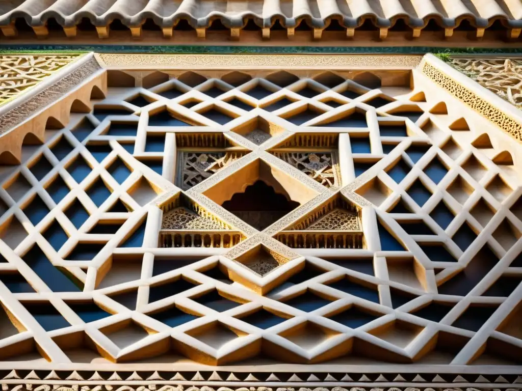 Detalle en alta resolución de los patrones arquitectónicos de la Alhambra en Granada, mostrando la intrincada belleza de sus diseños milenarios