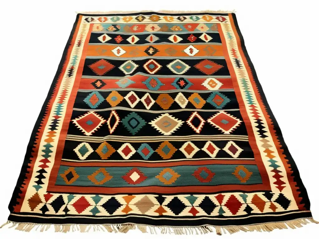 Detalle de un kilim anatolio vintage con patrones geométricos en tonos tierra, símbolos y motivos que transmiten tradición y herencia cultural