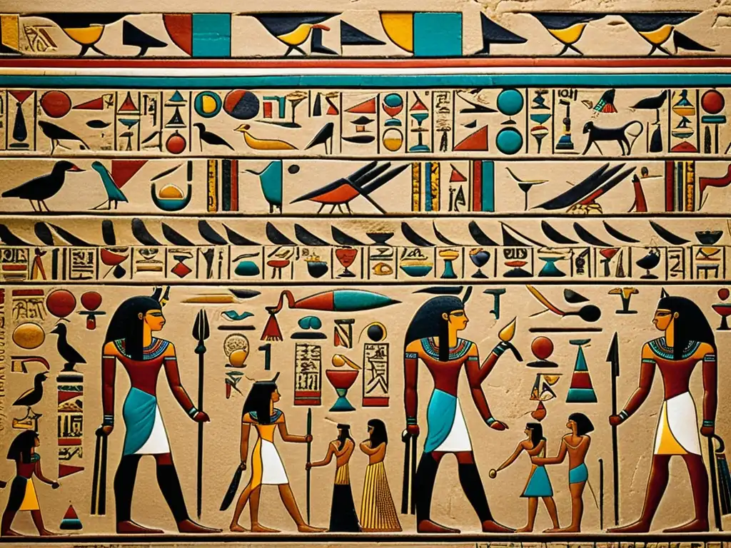 Detalle de una antigua pared egipcia con intrincados jeroglíficos, mostrando la belleza atemporal y el significado de los patrones egipcios