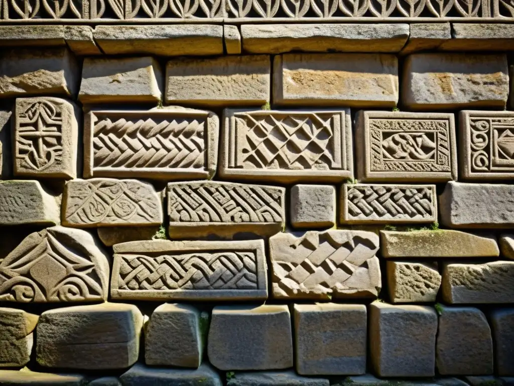 Detalle de una antigua pared de piedra medieval con marcas de cantero, evocando historia y arte en la arquitectura medieval