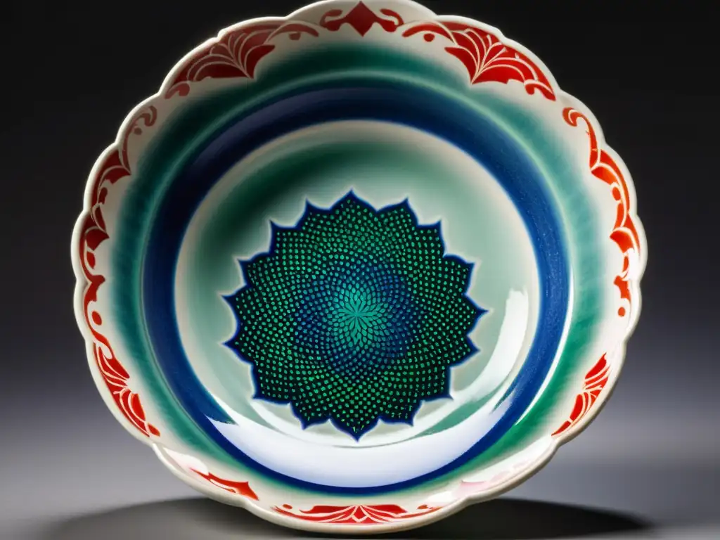 Detalle de un antiguo cuenco de cerámica china con esmaltes cristalinos en tonos de azul, verde y rojo