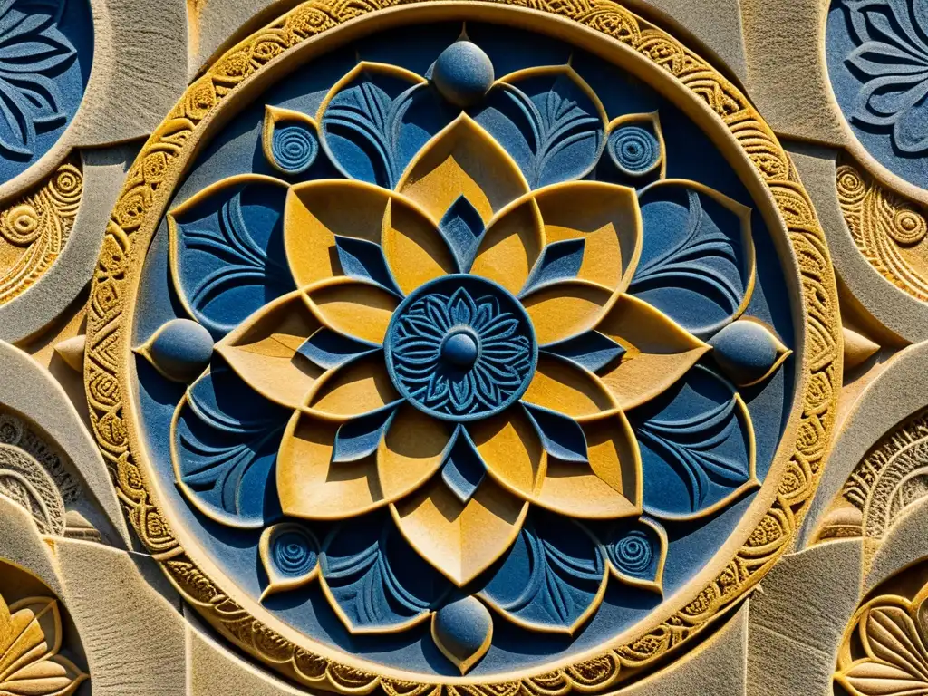 Detalle de un antiguo mandala esculpido en piedra desgastada, mostrando patrones geométricos y colores dorados e índigo