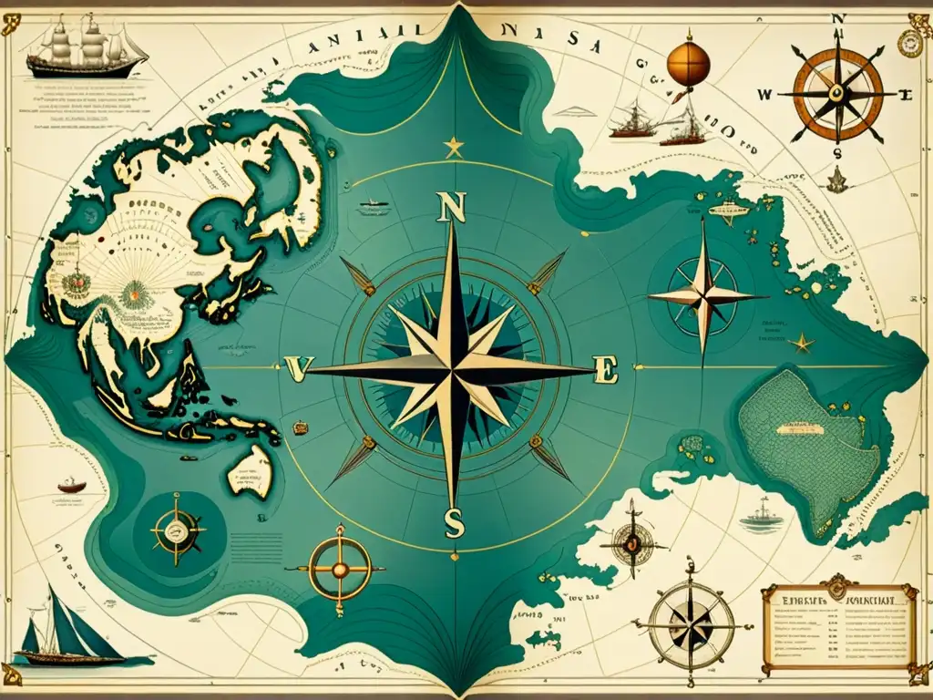 Mapa náutico vintage: rutas detalladas y arte marítimo Detalle de un antiguo mapa náutico con patrones artísticos en carpintería náutica, rutas marítimas e ilustraciones de barcos y criaturas marinas