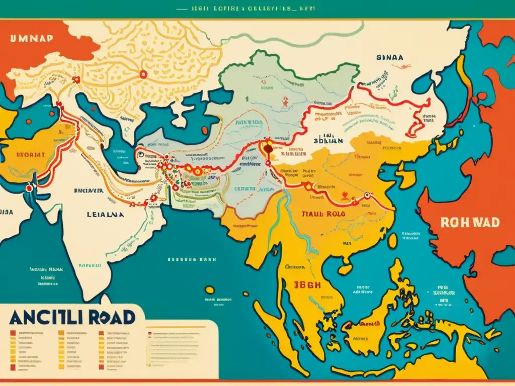 Detalle de un antiguo mapa de la Ruta de la Seda, con intercambio de patrones artísticos culturales y paisajes vibrantes