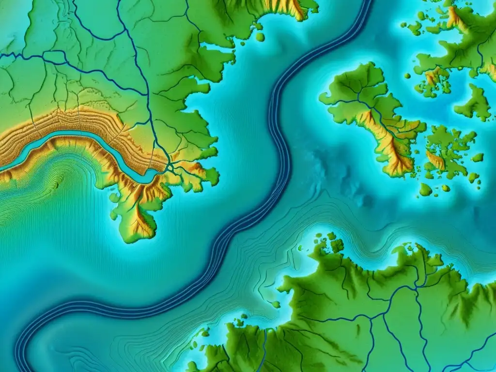 Detalle en 8k de un antiguo mapa topográfico con patrones de formación de montañas y ríos, en tonos sepia envejecidos