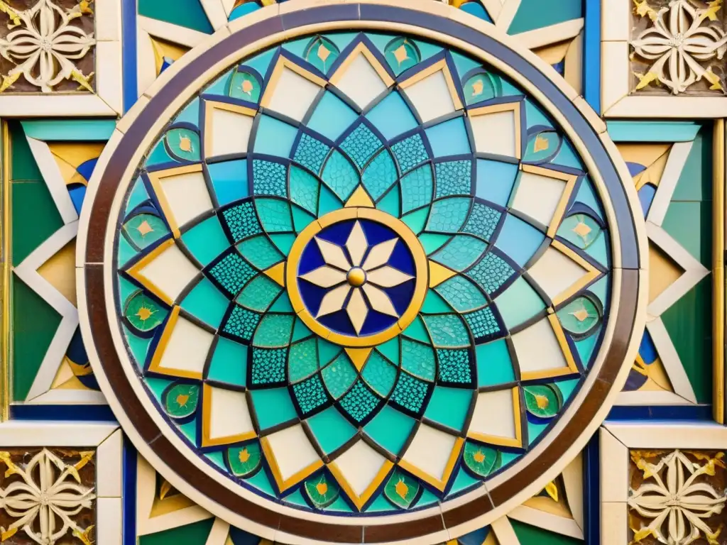 Detalle de un antiguo mosaico árabe, destacando la fusión de arte y matemática en su diseño, con colores vibrantes y patina envejecida