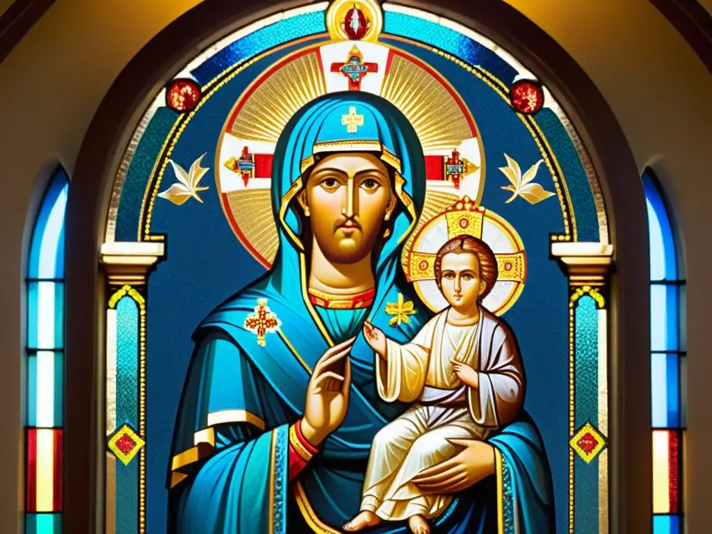 Mosaico bizantino de icono religioso en catedral Detalle de un antiguo mosaico bizantino en una catedral, iluminado por luz de vitrales, mostrando patrones y colores vibrantes