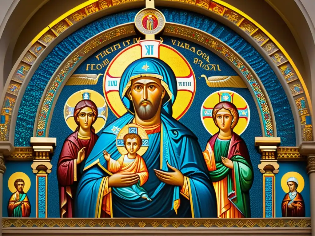 Mosaico bizantino: Belleza celestial y reverencia divina Detalle de un antiguo mosaico bizantino con patrones y simbolismo religioso, en una catedral iluminada por luz de vitrales