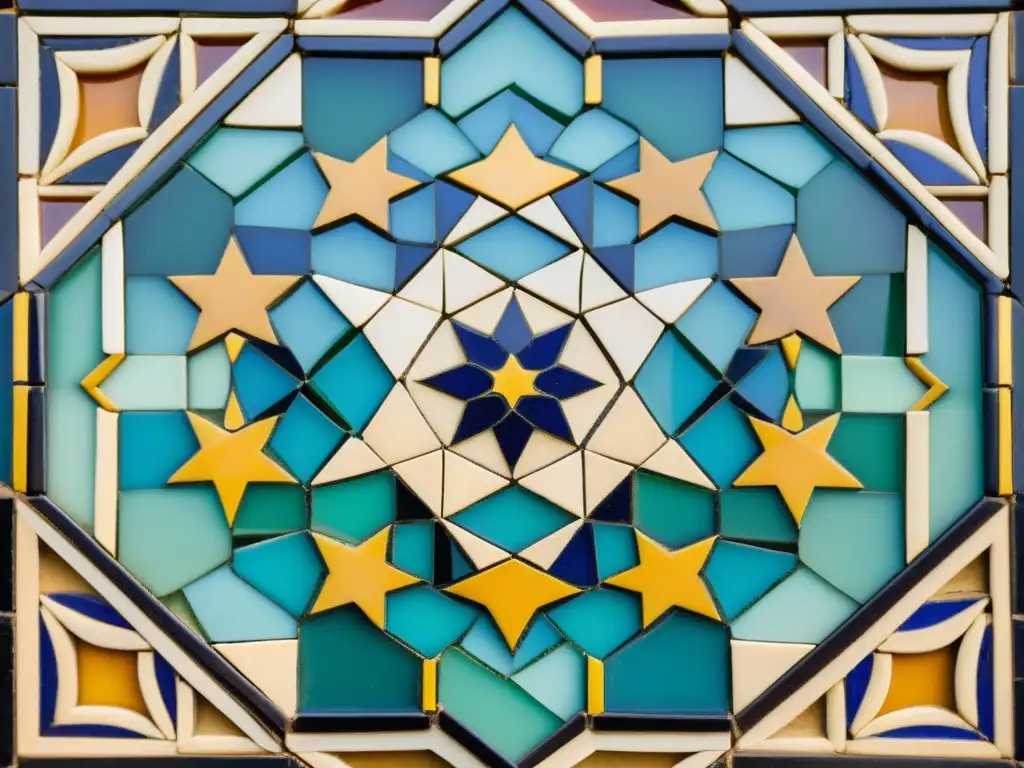 Detalle de un antiguo mosaico árabe con intrincados patrones de Geometría Sagrada en tonos vibrantes y terrosos, evocando belleza cultural