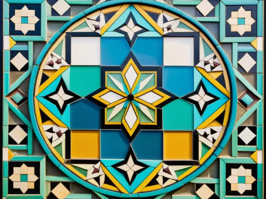 Detalle de un antiguo mosaico islámico con patrones geométricos y colores vibrantes, evocando elegancia y riqueza cultural