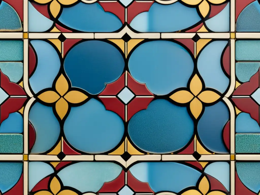 Detalle de un antiguo mosaico con patrones artísticos complejos en tonos de rojo, oro y azul, que evoca historia y artesanía