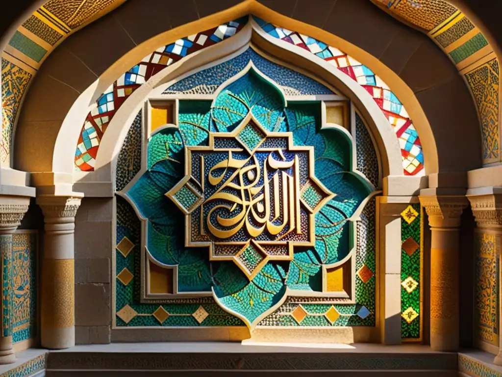 Mosaico persa: belleza atemporal y cultura vibrante Detalle de un antiguo mosaico persa con patrones geométricos, caligrafía árabe y colores vibrantes, iluminado por la cálida luz del sol