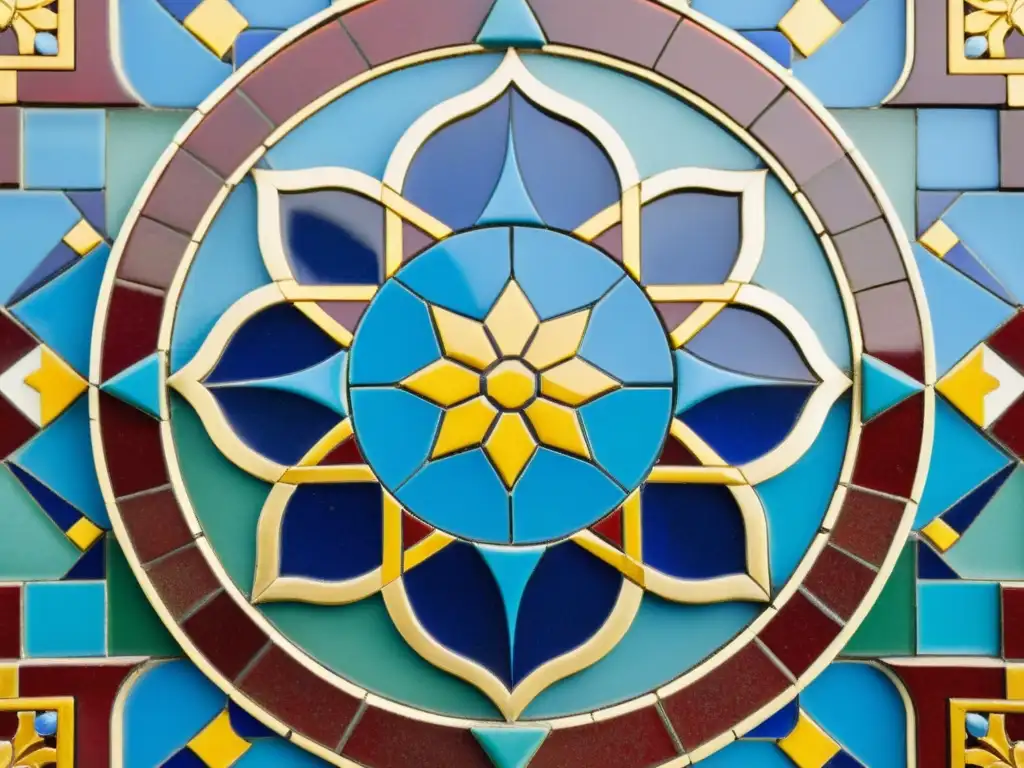 Detalle de un antiguo mosaico árabe con ricos colores y patrones geométricos, evocando el significado y la psicología de los colores en el arte árabe