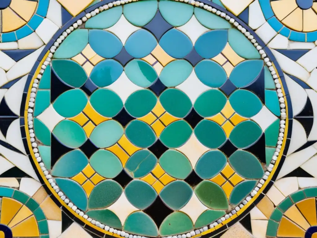 Detalle de antiguo mosaico árabe con técnicas de datación, resaltando su artesanía y rica herencia cultural