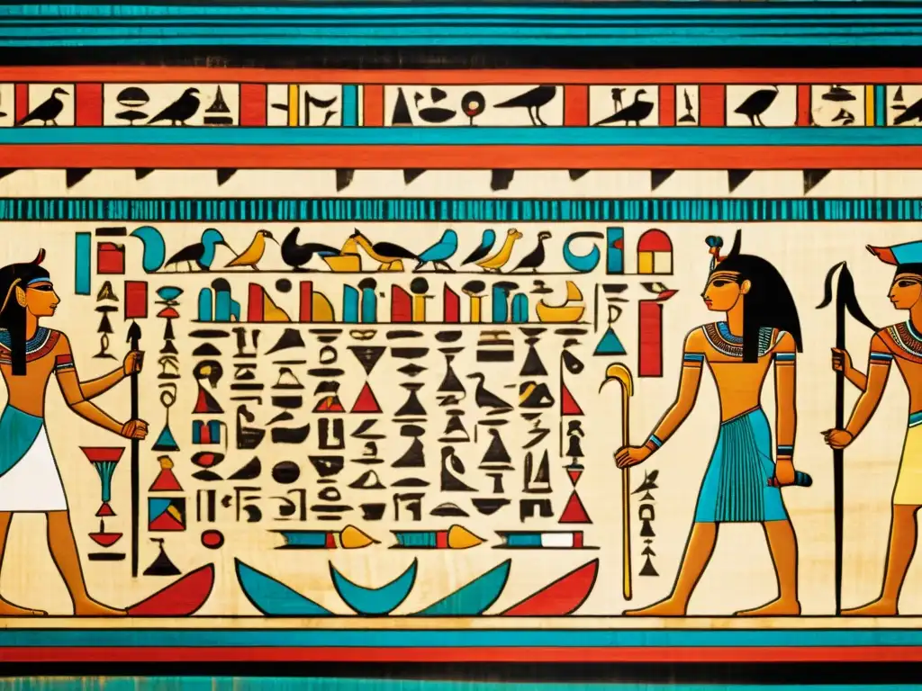 Detalle de un antiguo papiro egipcio con intrincados jeroglíficos y significado de los patrones egipcios