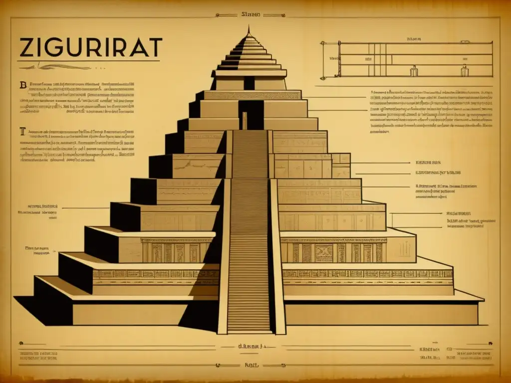 Detalle de antiguo plano arquitectónico de un zigurat mesopotámico en tonos sepia, mostrando patrones y diseño