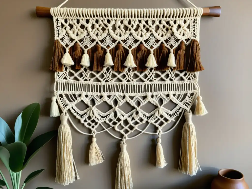 Detalle de un antiguo tapiz de macramé latinoamericano en tonos tierra y crema, evocando técnicas tradicionales y la herencia cultural