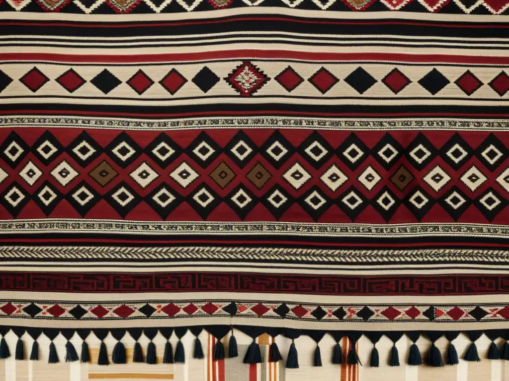 Detalle de un antiguo textil tribal con patrones étnicos en tonos tierra, revelando su significado cultural y tradición artesanal