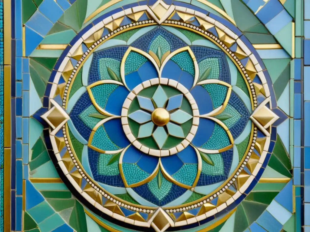 Detalle de restauración de antiguos mosaicos árabes, mostrando el meticuloso trabajo artesanal y la belleza de los patrones en azul, verde y dorado