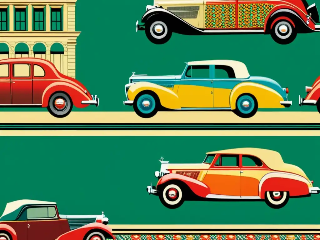 Detalle de un anuncio textil vintage con patrones intrincados y colores vibrantes, evocando nostalgia y sofisticación