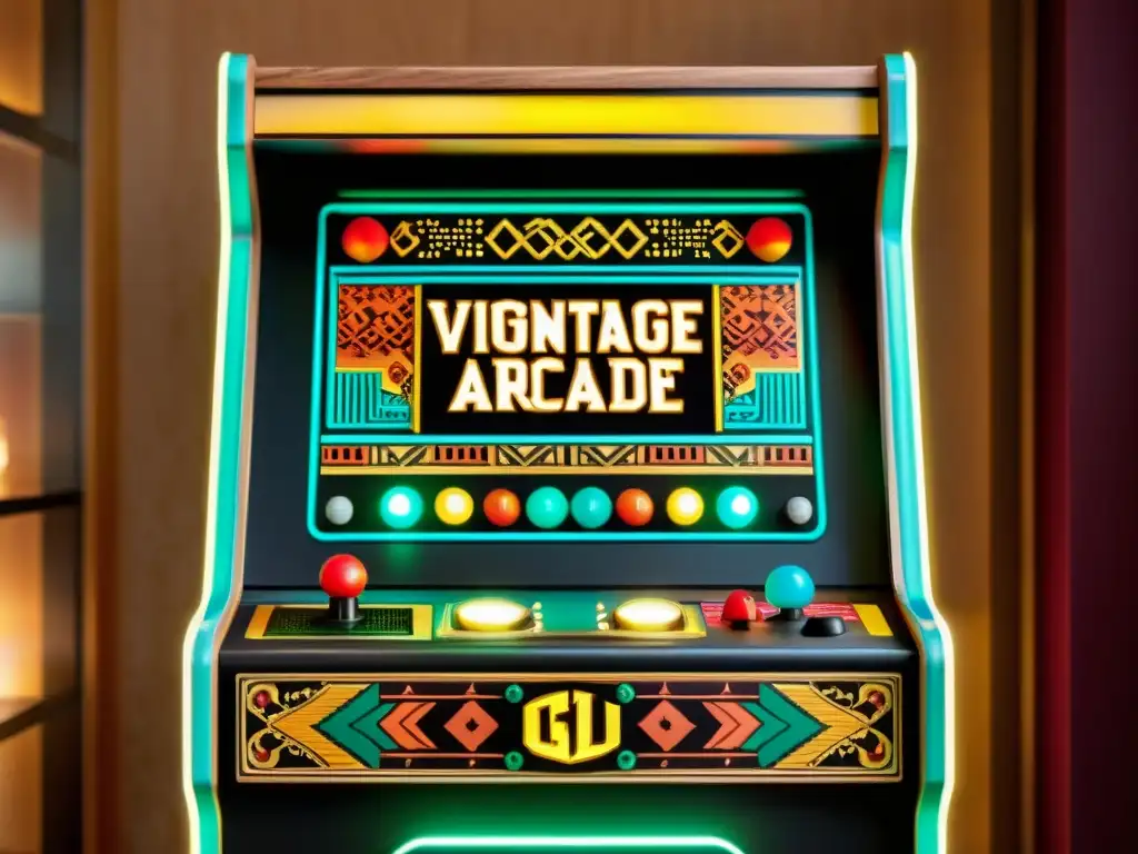 Detalle de arcade vintage con patrones tradicionales en videojuegos contemporáneos, iluminado por la pantalla