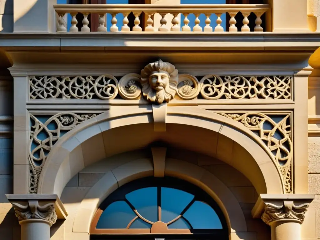 Detalle arquitectónico vintage con patrones geométricos y tallados delicados, bañado por cálida luz dorada