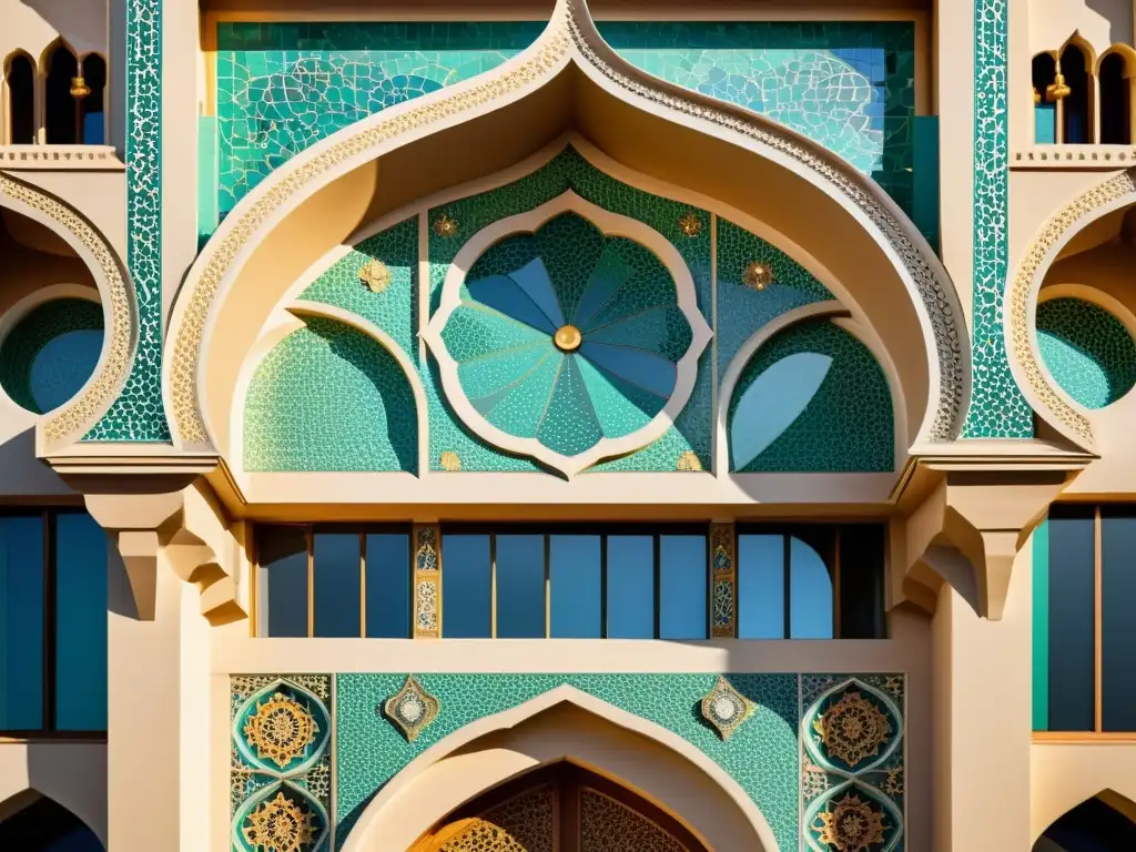 Detalle de una arquitectura moderna con mosaicos árabes, fusionando tradición y contemporaneidad con usos funcionales