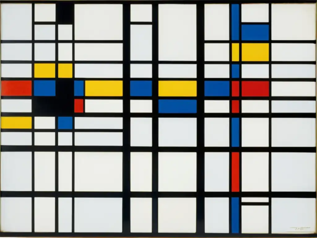 Detalle del arte abstracto de Mondrian reflejando patrones musicales en 'Broadway Boogie Woogie' con cuadrados coloridos sobre fondo blanco