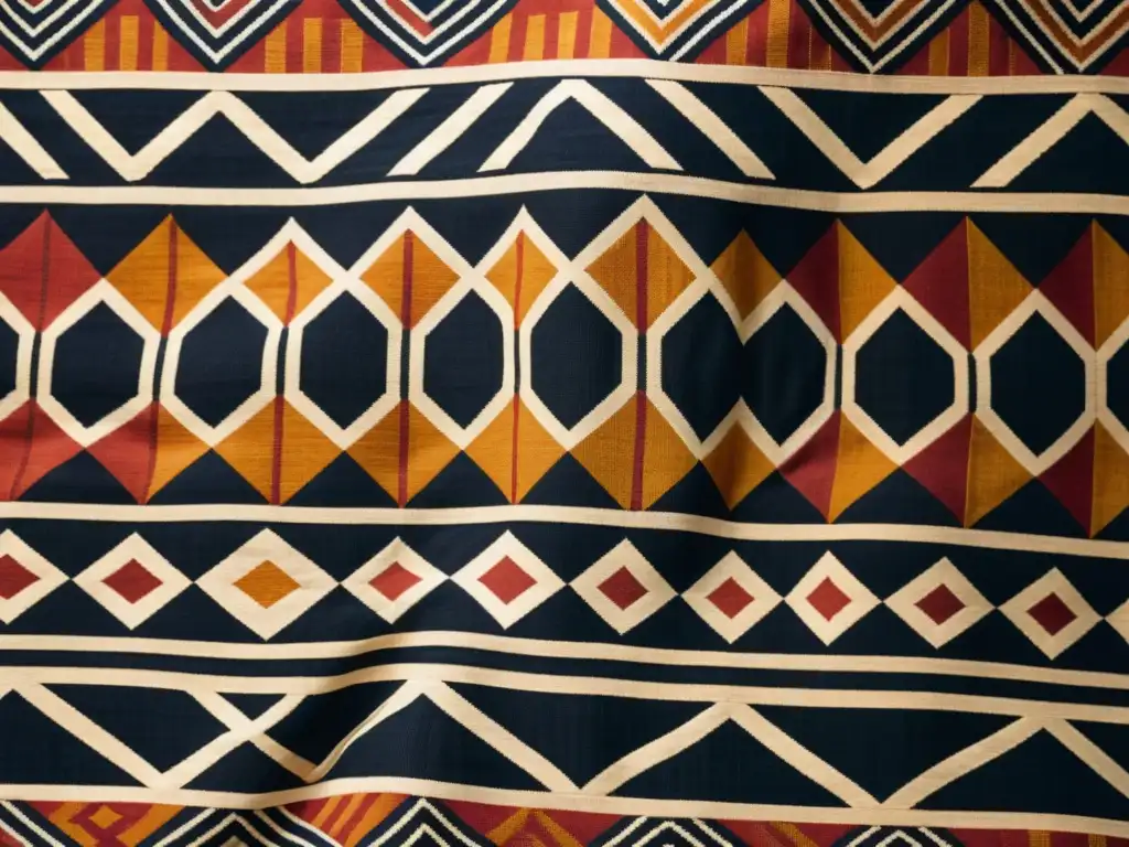 Detalle de Arte Kuba Cloth Congo, con patrones geométricos y tonos terrosos vibrantes, muestra la rica historia cultural