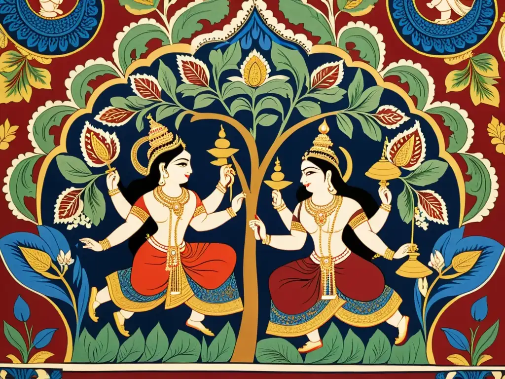 Detalle de arte textil Kalamkari India con vívidos colores, escena mitológica y finos detalles pintados a mano en rojo, azul y dorado