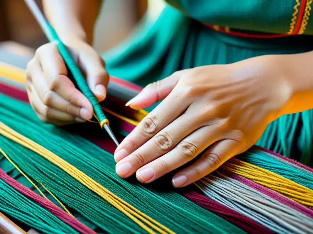 Detalle de un artesano tejiendo patrones tradicionales auténticos con hilos vibrantes, capturando la esencia de la artesanía