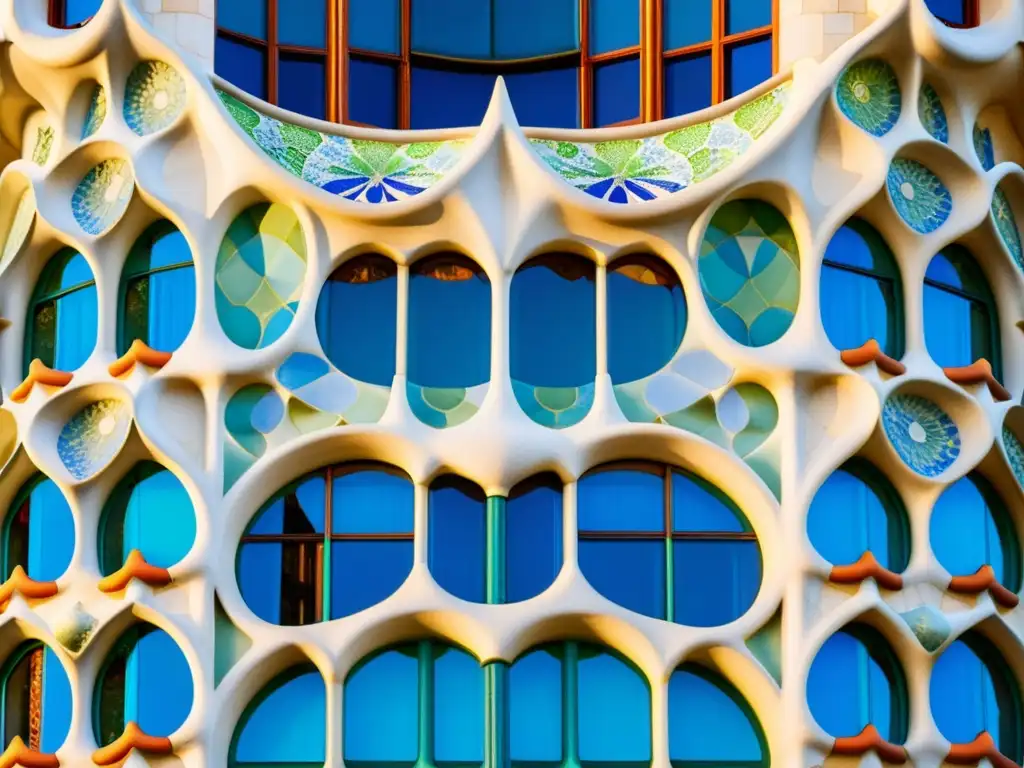 Detalle artístico de azulejos en la fachada de la Casa Batlló en Barcelona, España, destacando los patrones artísticos de arquitectura mundial