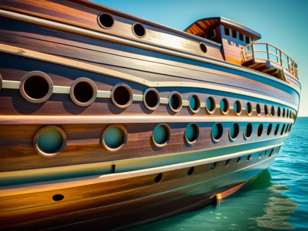 Hermosa embarcación de madera: arte náutico en alta resolución Detalle artístico en carpintería náutica: un barco de madera vintage en el océano soleado
