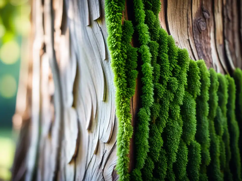 Detalle artístico de la corteza de un árbol con patrones intrincados, resaltando la belleza natural