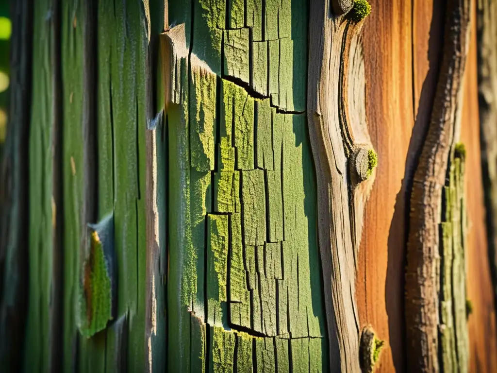 Detalle artístico en la corteza de un árbol, con patrones y texturas únicos en tonos cálidos y terrosos, iluminados por la suave luz del sol