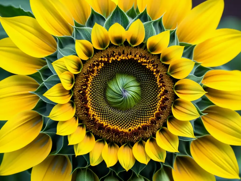 Detalle artístico de un girasol en flor, mostrando patrones naturales en una espiral fascinante