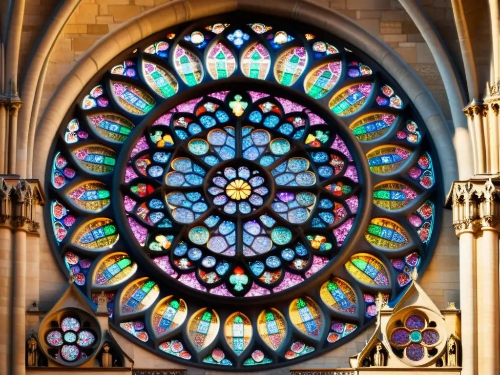 Detalle artístico de la rosa de Notre Dame en París, con patrones góticos y vitrales coloridos iluminados por el sol