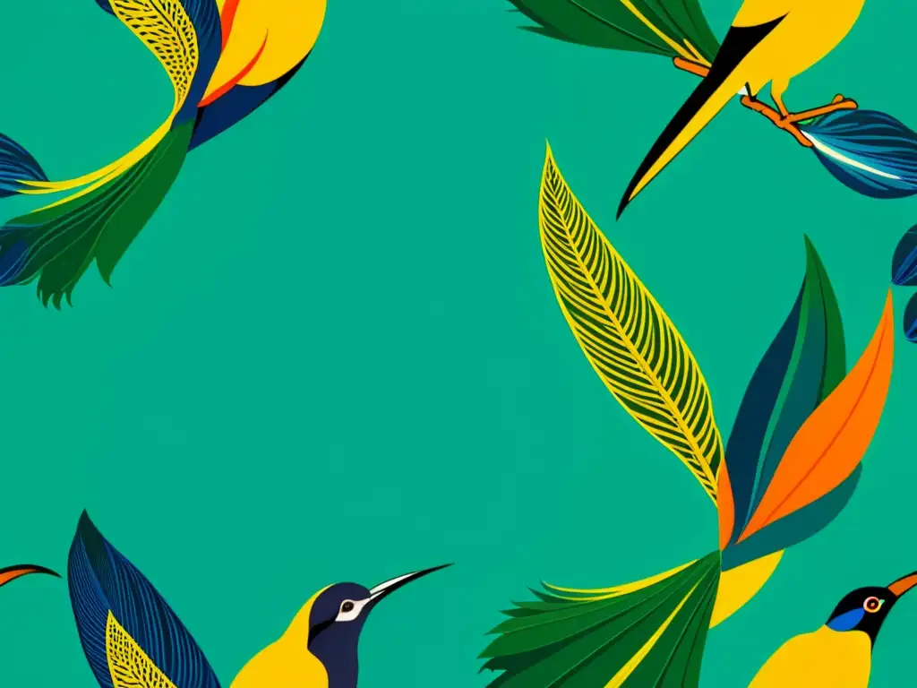 Detalle artístico de patrones en aves del paraíso: plumaje vibrante y exuberante en ilustración vintage