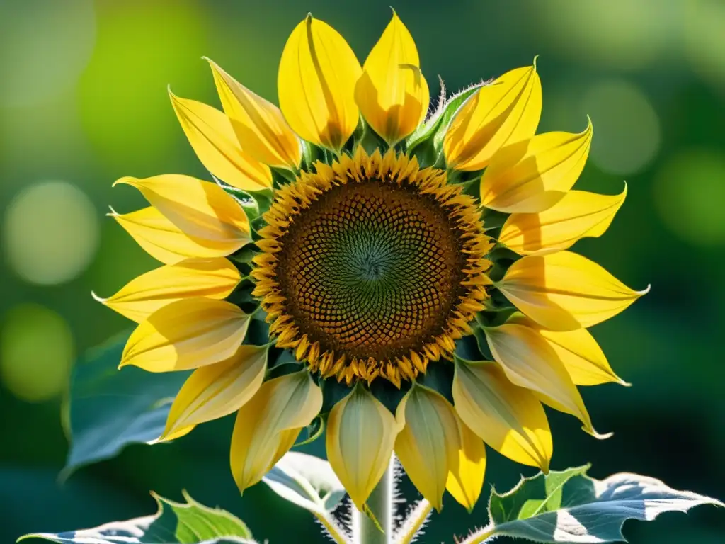 Detalle asombroso de un girasol con patrones Fibonacci y espirales, influencia de los patrones de pétalos en la naturaleza